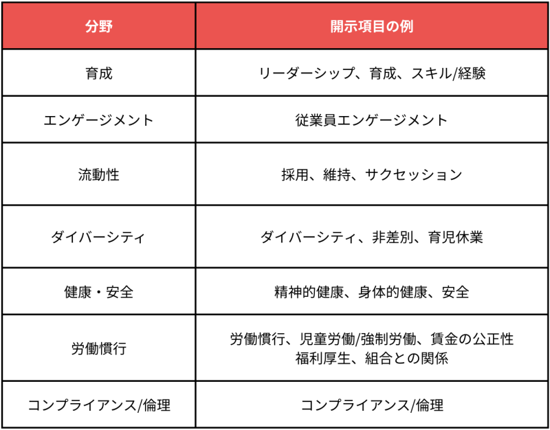 内閣官房が公表した「人的資本可視化指針」における7分野19項目を一覧で確認できる表。
